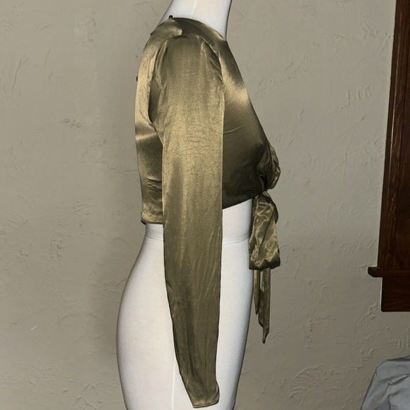 ZARA satin olive green tied long sleeve crop top in women’s small - Picture 6 of 12